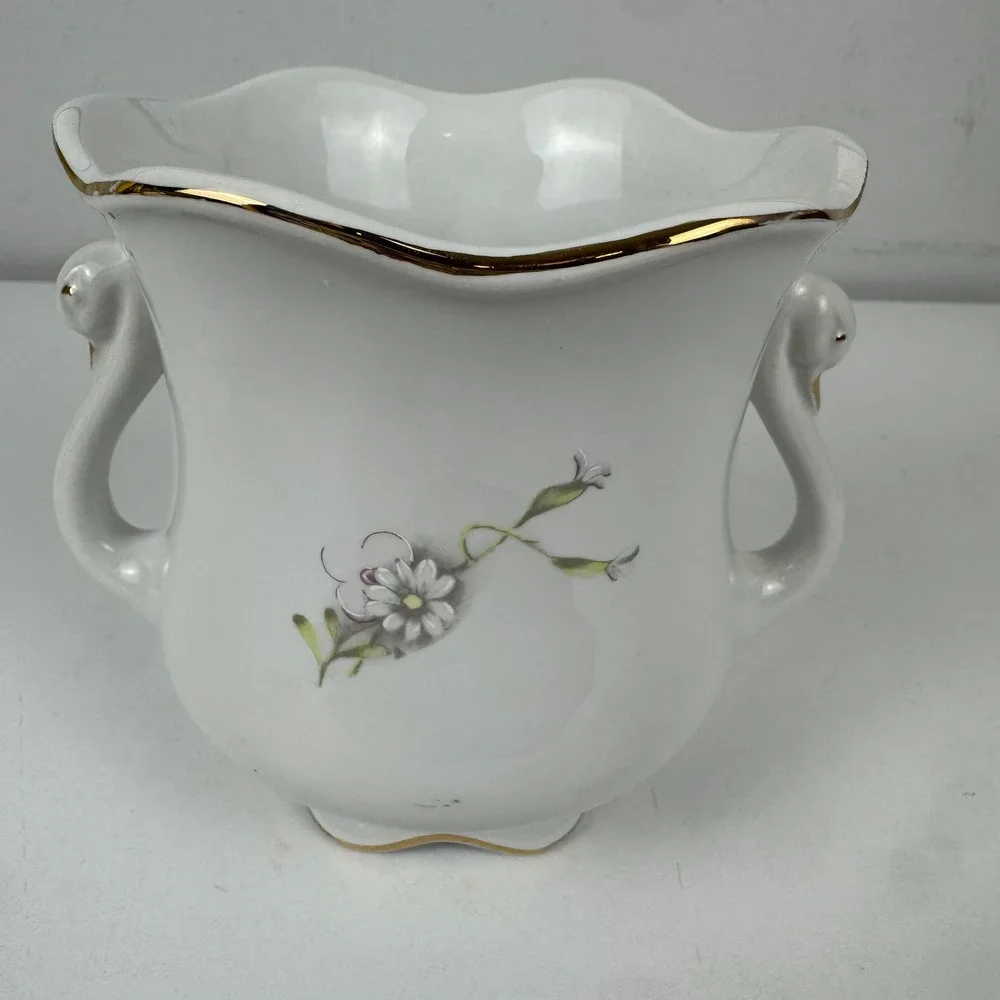 Vtg Valentin Italy Swan Handle Cachepot Planter Floral‎ Porcelain Gold Trim